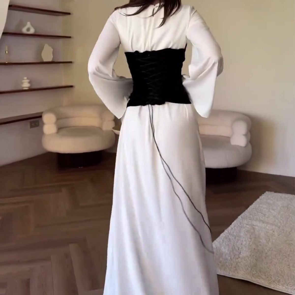 Elegant Black And White Patchwork Waist-slimming Maxi Dress