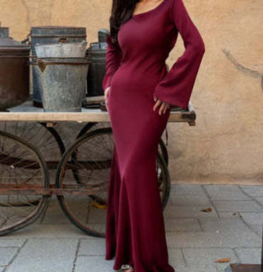 Women's Round Neck Long Sleeved Waist Cinching Dress