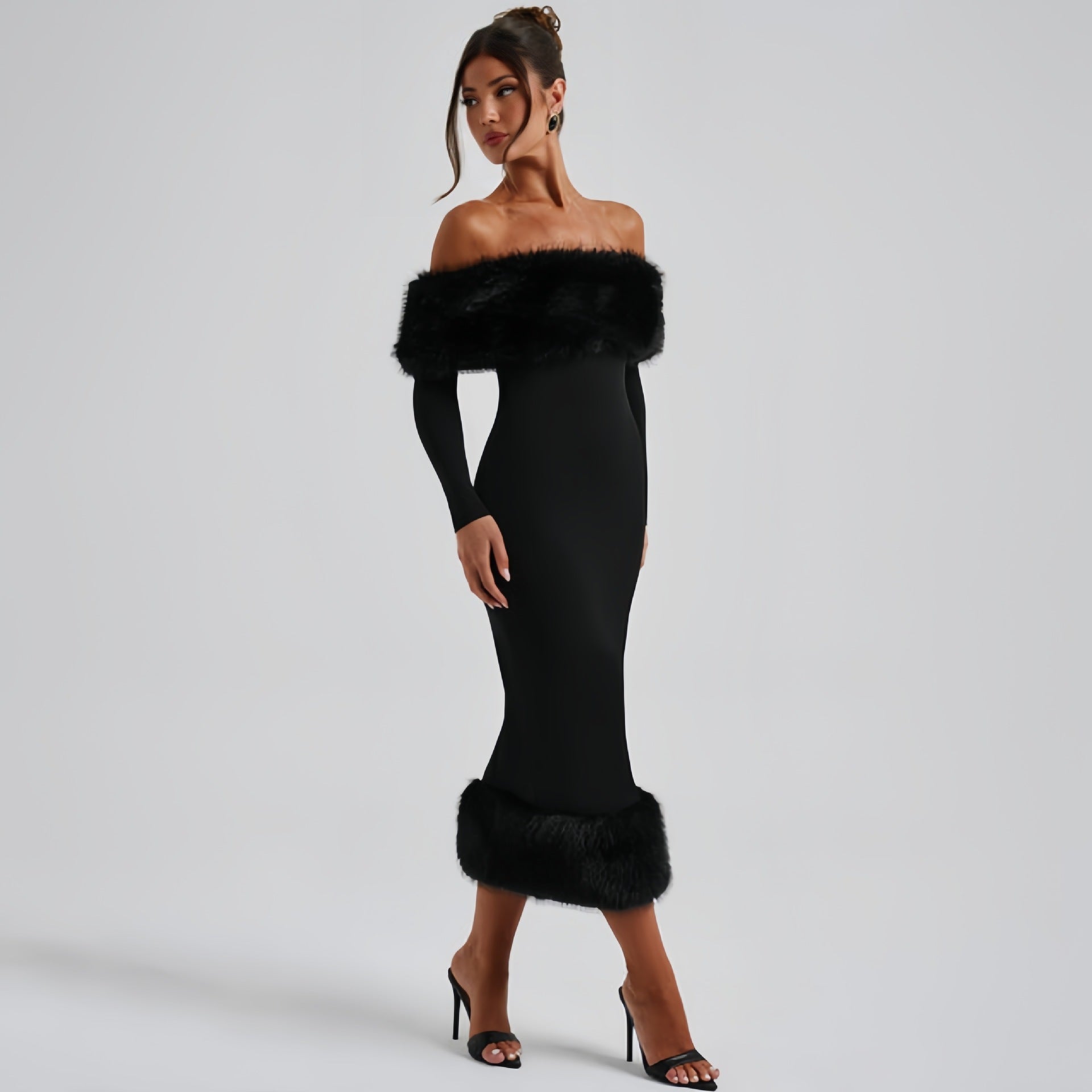 Fur Collar Off-neck Long Sleeve Elegant Slim Fit Dress