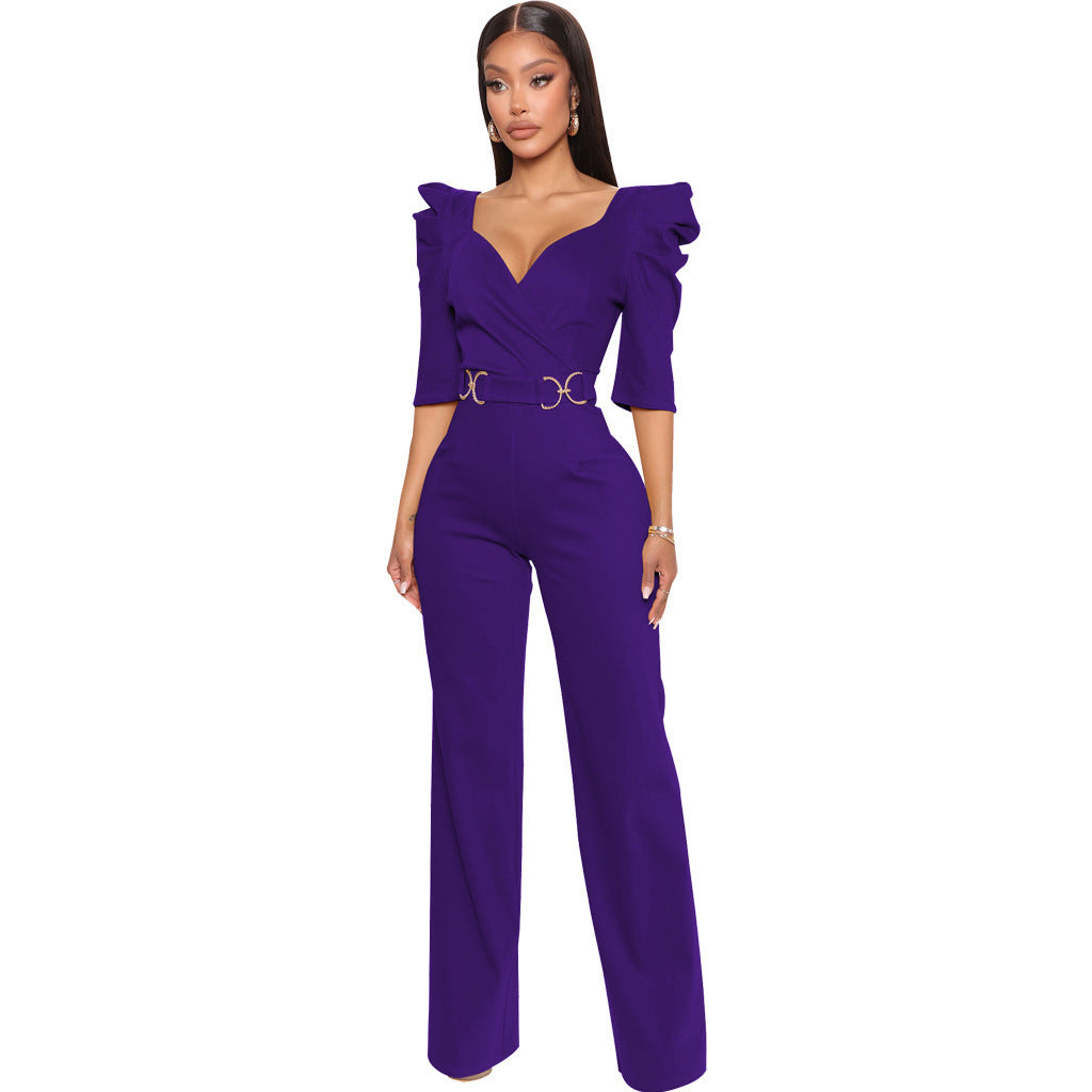 Long Sleeve Sexy V Underwear Wide Leg Jumpsuit