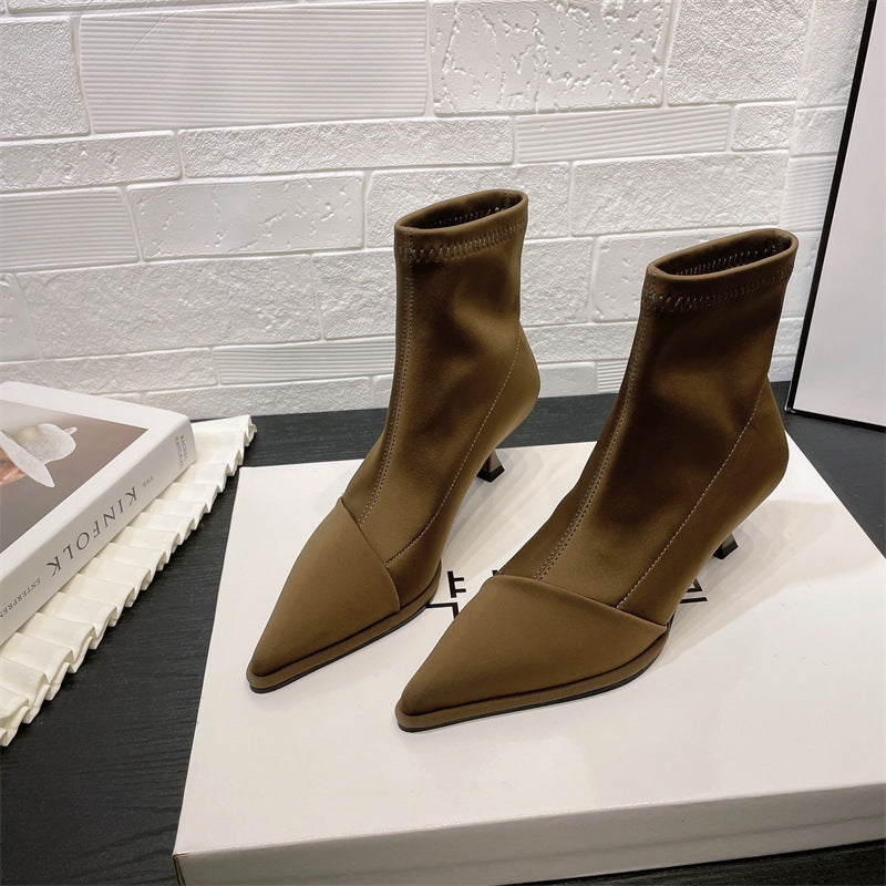 European And American Style Satin Sleeve Pointed Stiletto Elastic Silk Stocking Boots