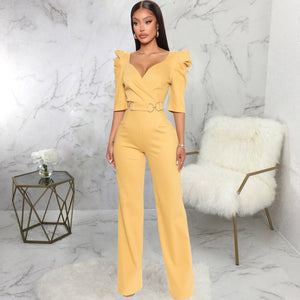 Long Sleeve Sexy V Underwear Wide Leg Jumpsuit