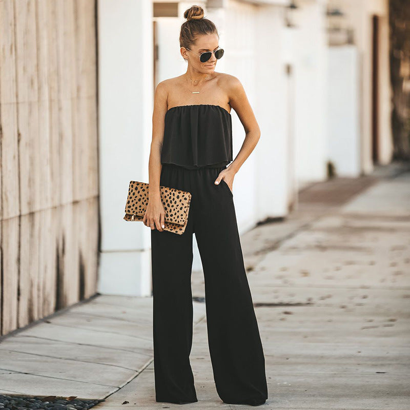 Sexy Sling  Back Ruffled Wrap Chest Wide-leg Jumpsuit