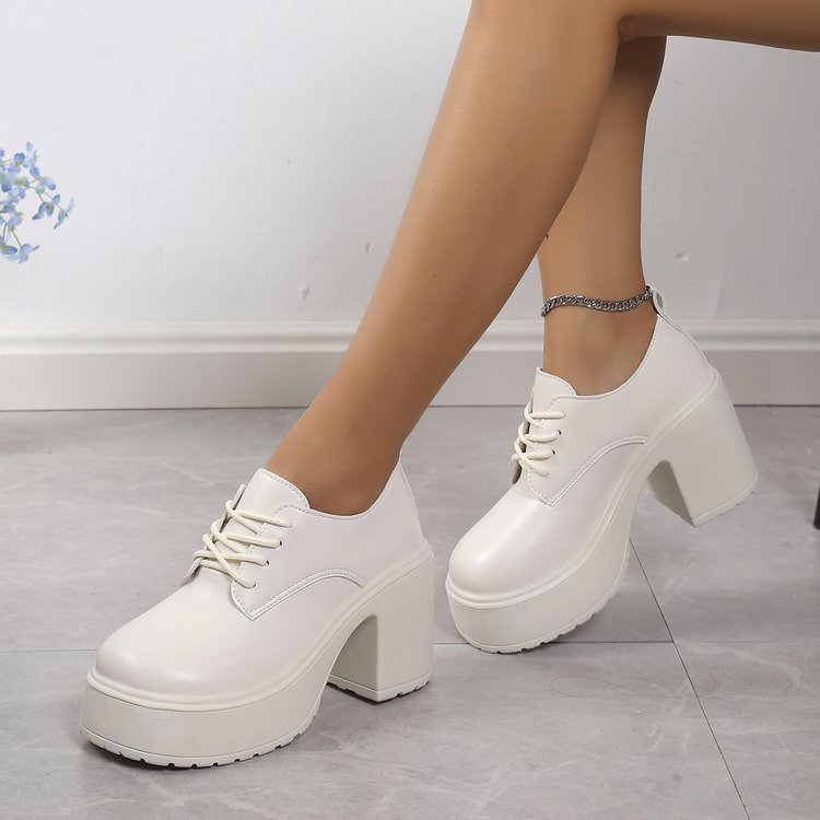 Chunky Heel Lace-up High Heel Leisure Versatile Small Leather Shoes