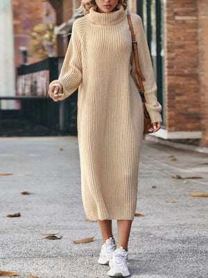 Winter Turtleneck Knitted Sweater Dress Fashion Solid Loose Pullover Long Dresses For Women Clothing