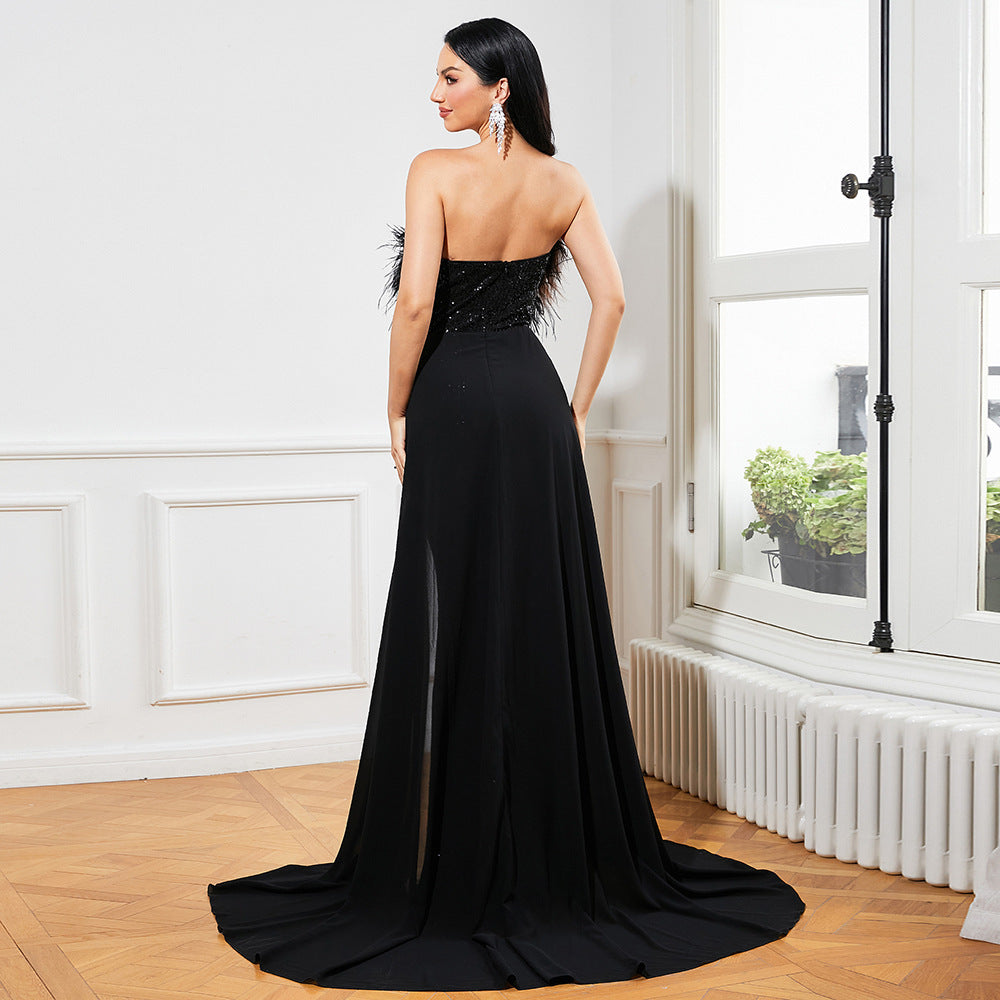 European And American Temperament Long Sequined Sleeveless Wrapped Chest Backless Banquet Evening Dress