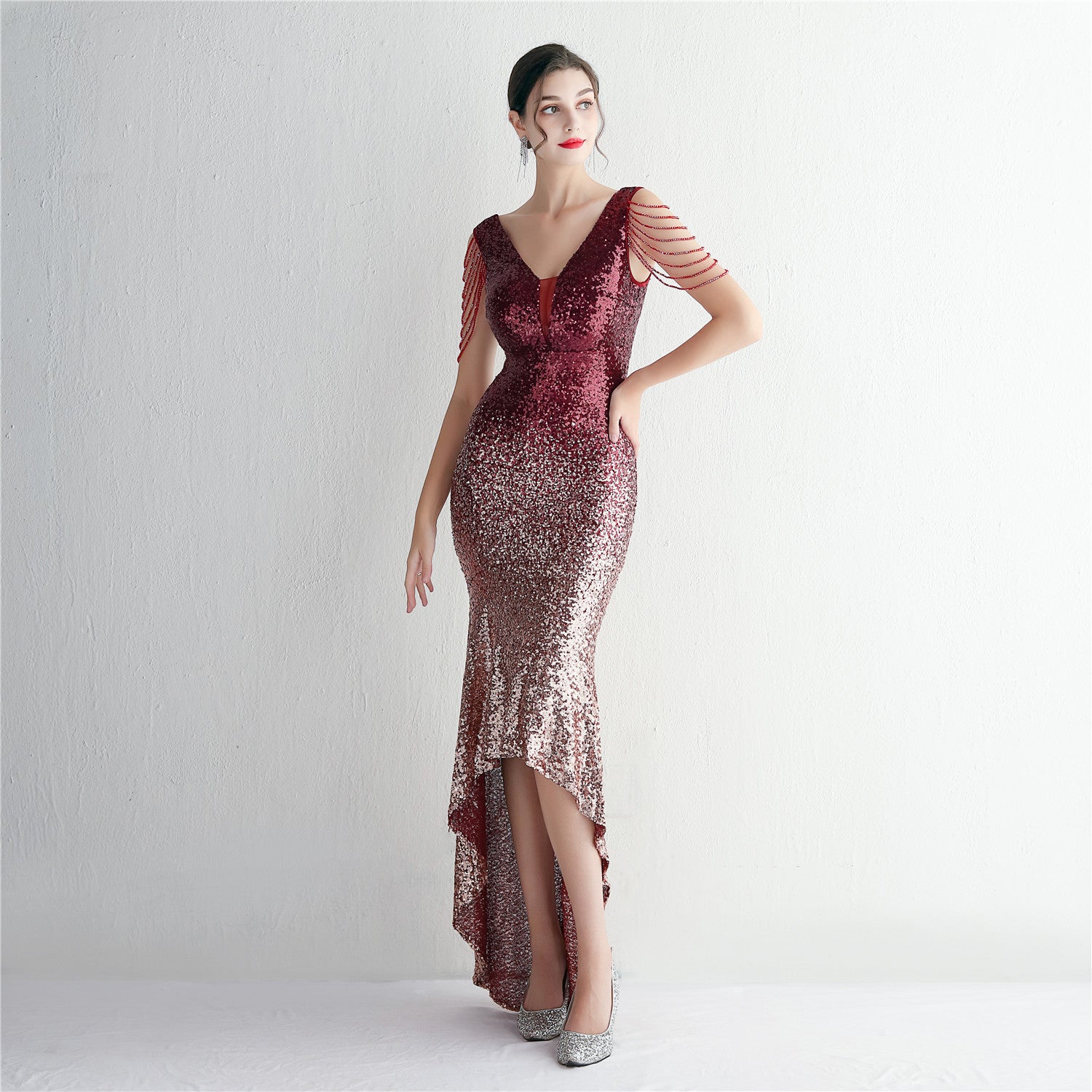 Gradient Sequin Craft Beading Dress Long Banquet Slim-fit Evening Dress