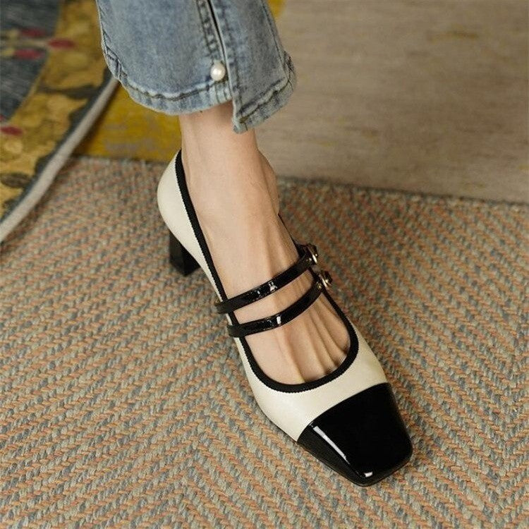 Retro Square Head Color Matching Single Shoe Female