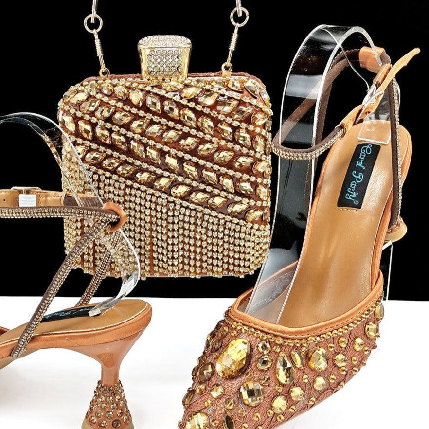 Large Rhinestone High Heel Sandals Three-dimensional Tassel Handbag Set