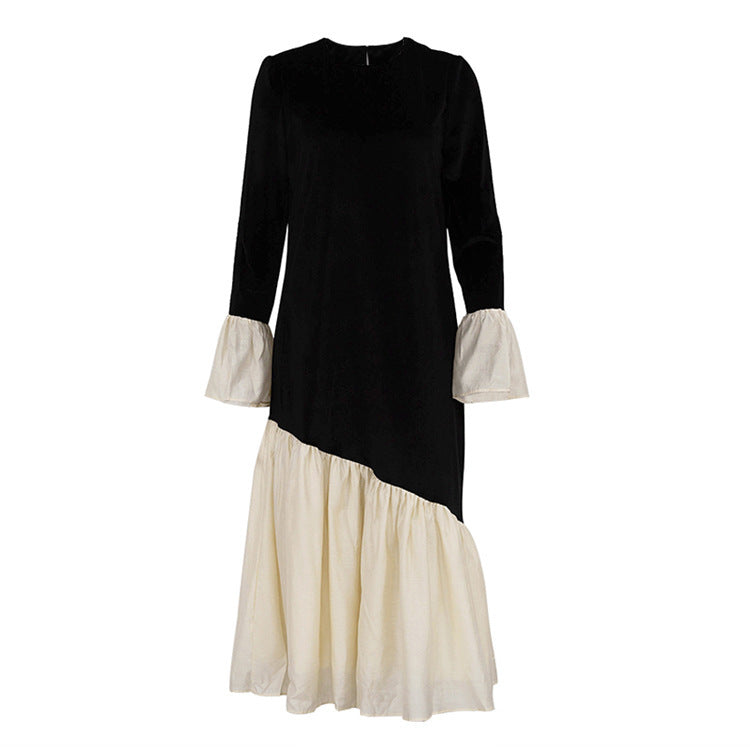 Autumn New French Stitching Design Sense Round-neck Flared Sleeves Dress