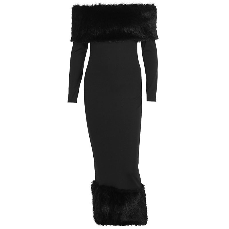 Fur Collar Off-neck Long Sleeve Elegant Slim Fit Dress