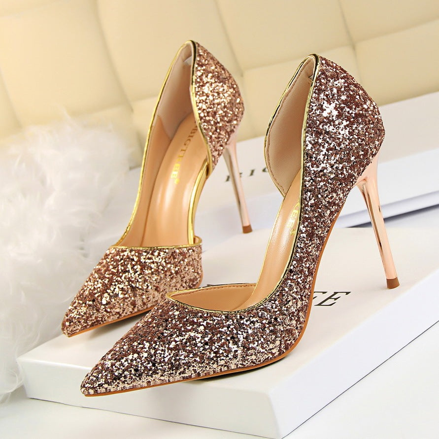 Skinny Women's Shoes Stiletto Heel Shallow Mouth Pointed Side Hollow-out Sequin