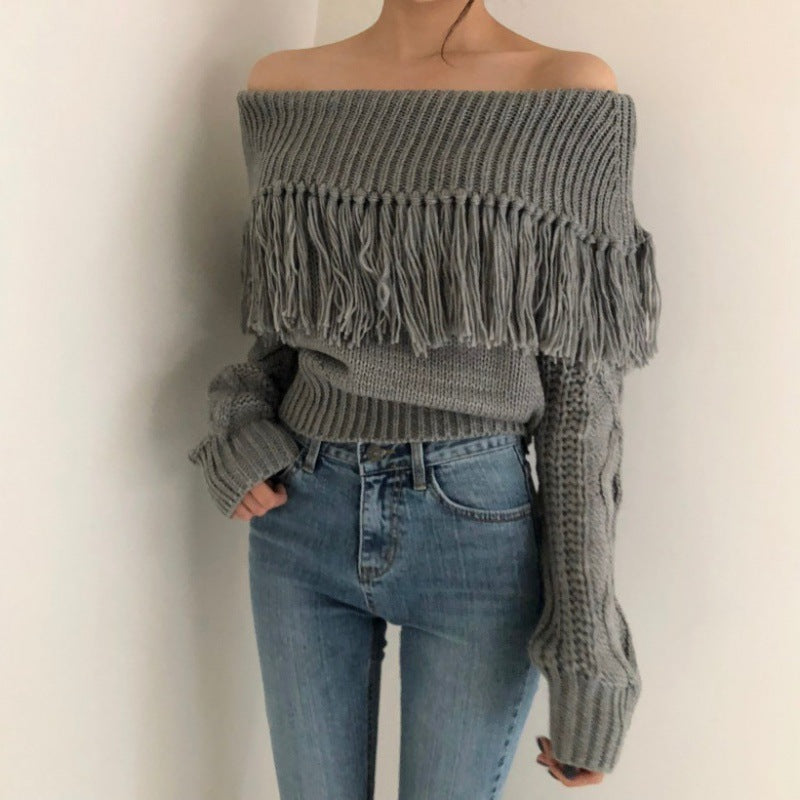 Fringed Off-shoulder One-neck Knitted Long-sleeved Sweater