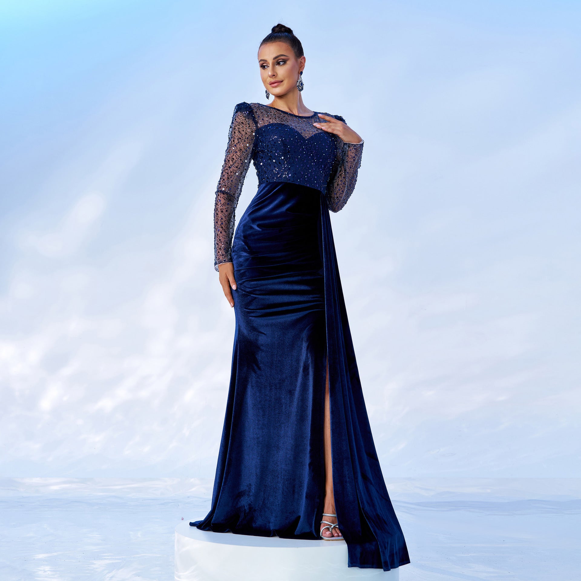 Mesh Sequins Velvet Banquet Fishtail Evening Dress