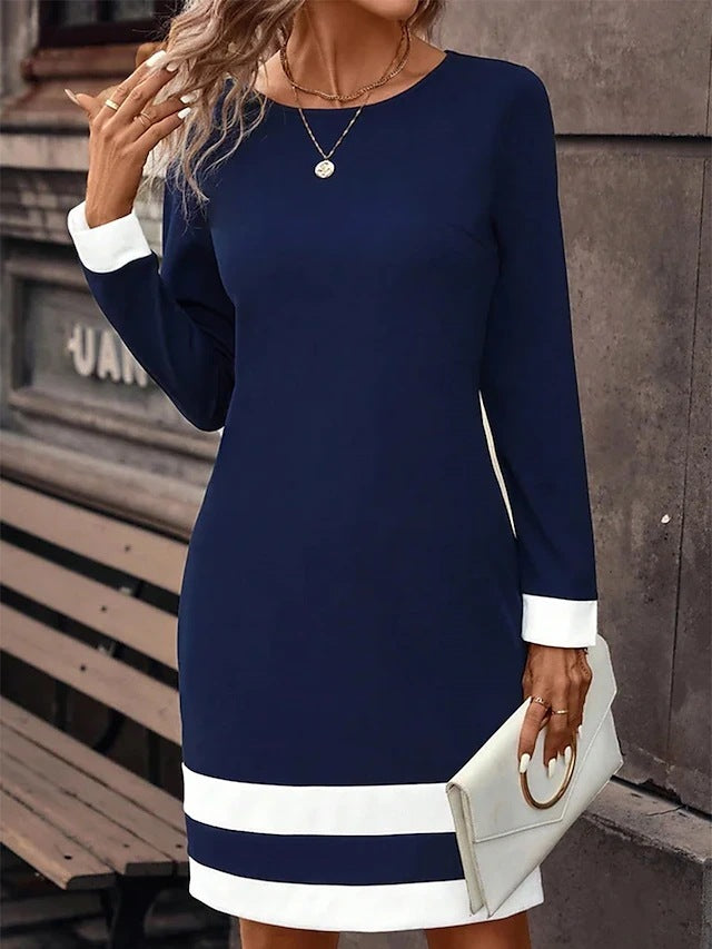 New Fashion European And American Style Tight Color-matching Dress Long Sleeve Round Neck